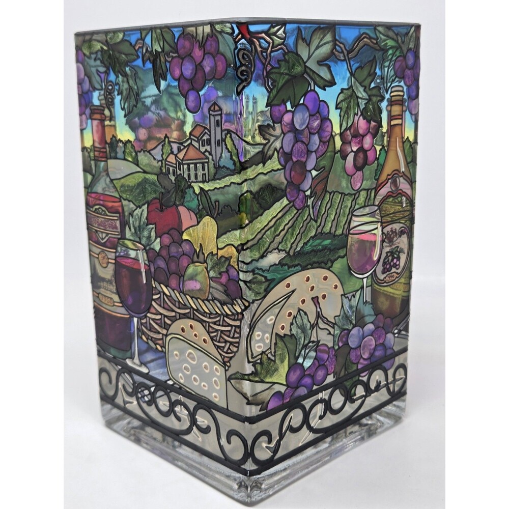 Amia Studios Wine Country Stained Glass Vase 6x4" Hand Painted Vineyard Theme